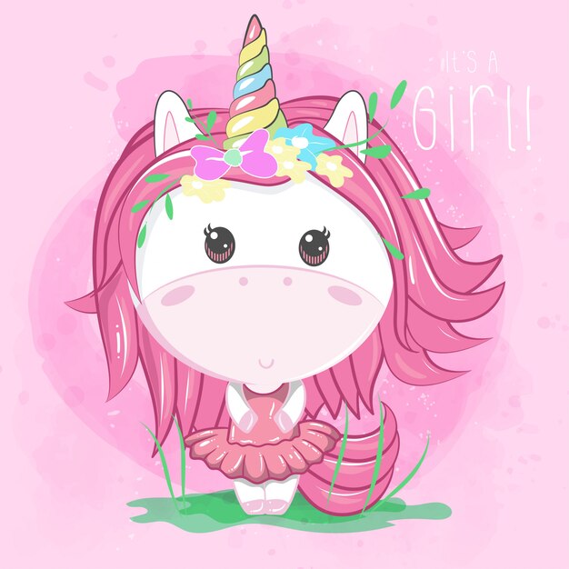 Premium Vector | Cute unicorn girl on pink background