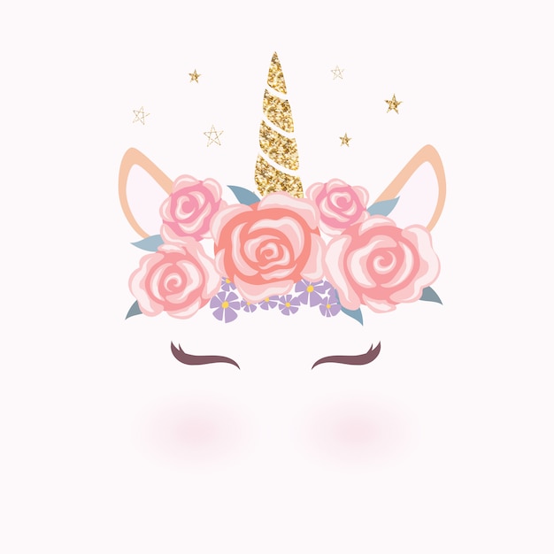 Download Cute unicorn head with flower crown. Vector | Premium Download