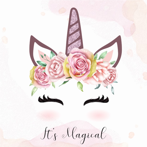 Download Cute unicorn head with watercolor floral crown Vector | Premium Download