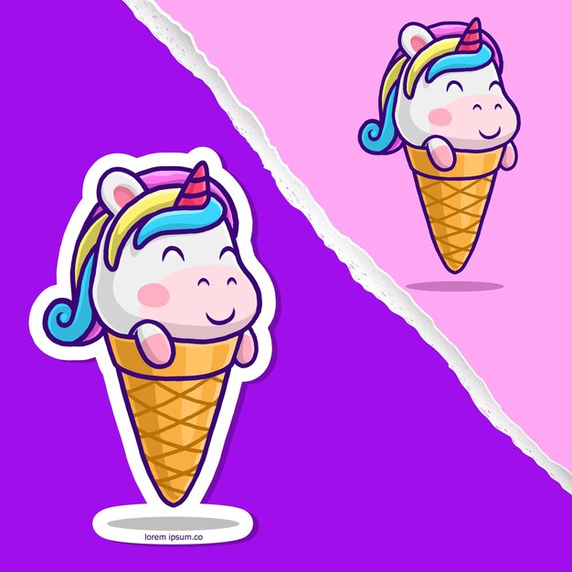 かわいいユニコーンアイスクリーム漫画 ステッカーキャラクターデザイン プレミアムベクター