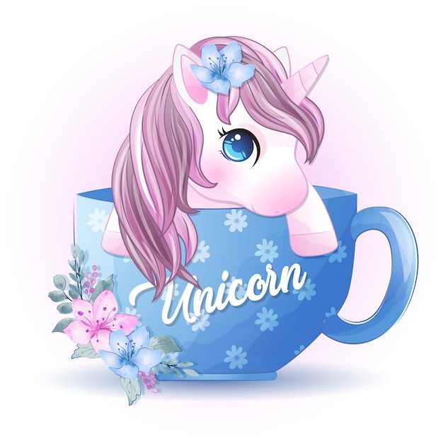Cute Unicorn Inside The Coffee Cup Premium Vector