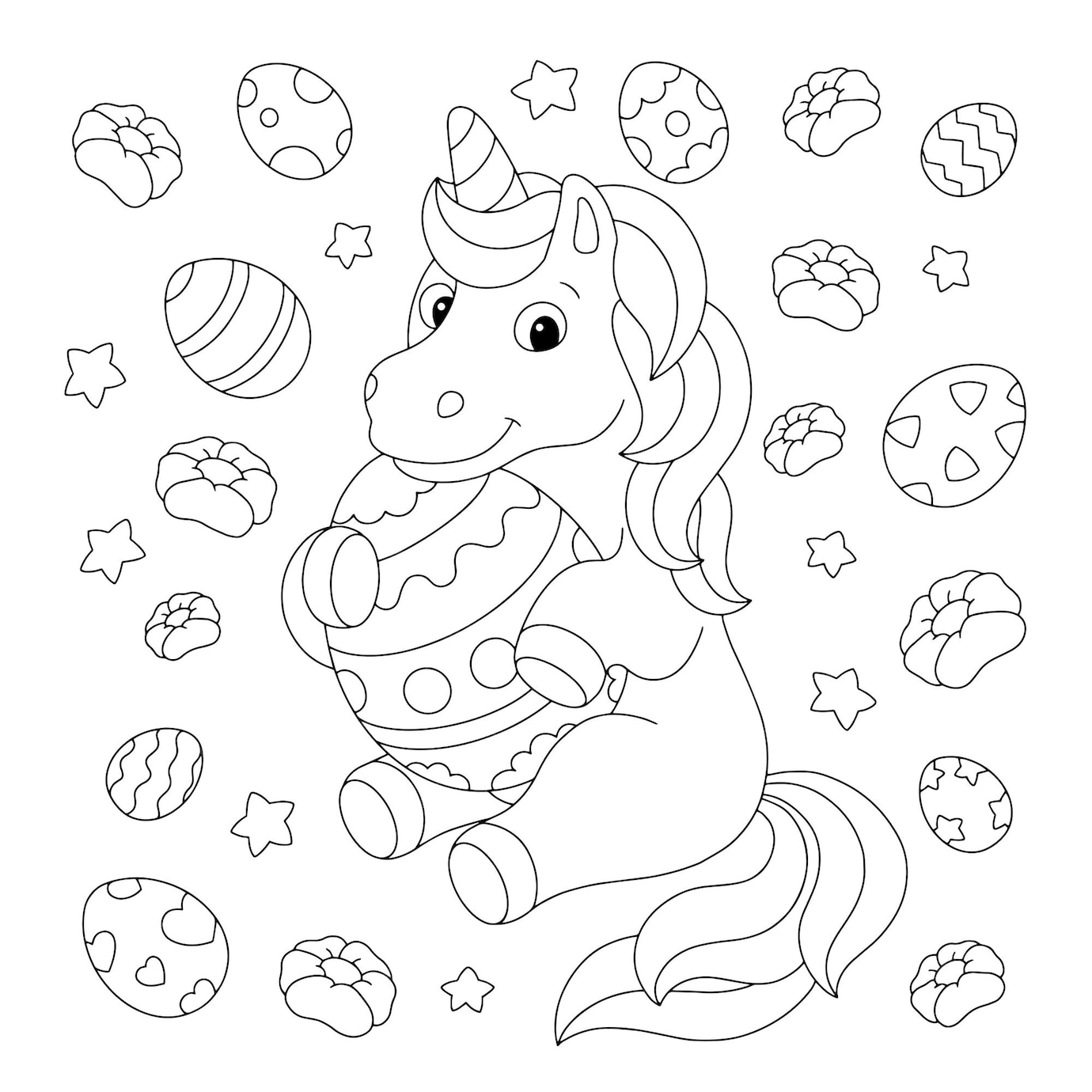 Premium Vector | A cute unicorn is holding an easter egg. coloring book