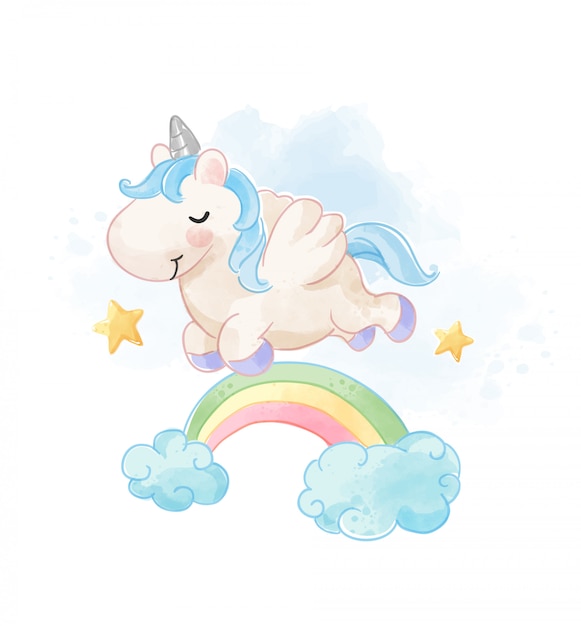 Premium Vector Cute Unicorn Jumping Over The Rainbow Illustration