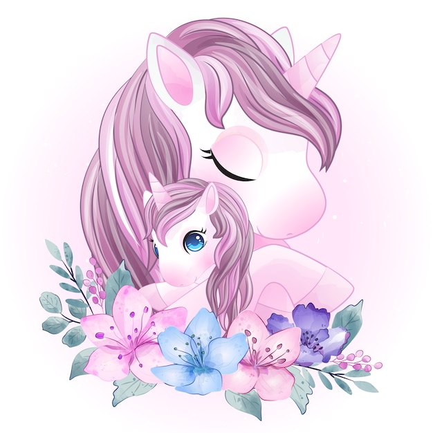 Cute Unicorn Mother And Baby Premium Vector