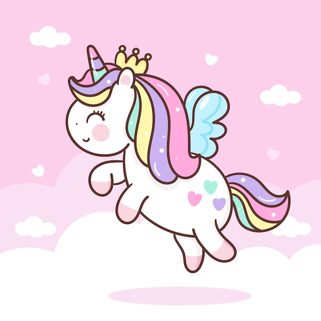 Premium Vector Cute Unicorn Pegasus Cartoon Fly On Skyt Kawaii Style