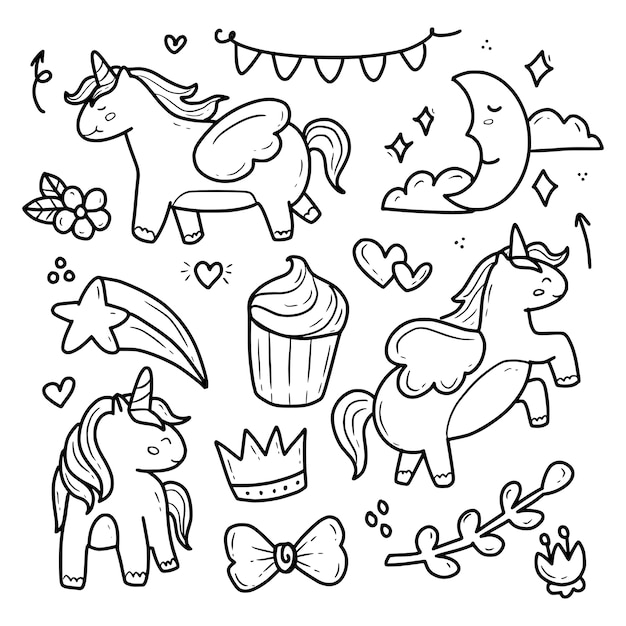 Premium Vector Cute Unicorn Pegasus And Cupcake Hand Drawing Doodle Set Collection