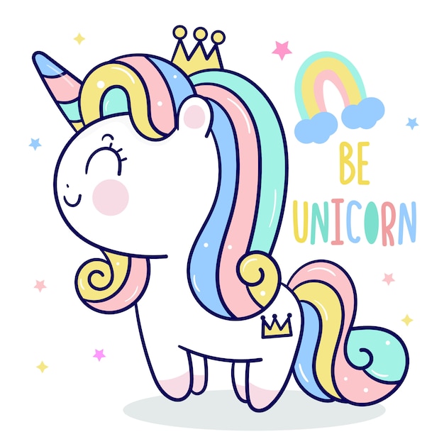 Premium Vector | Cute Unicorn Princess Cartoon With Rainbow