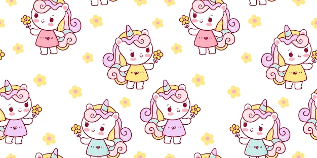 Premium Vector Cute Unicorn Seamless Pattern Cartoon Pony Holding Flower