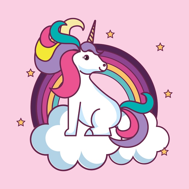 Premium Vector | Cute unicorn sitting on cloud with rainbow