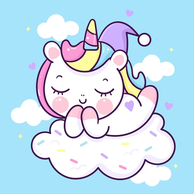 Premium Vector Cute Unicorn Sleep Cartoon On Candy Cloud Kawaii Animal