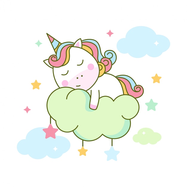 Cute unicorn sleeping on cloud Vector | Premium Download