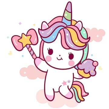 Premium Vector | Cute unicorn vector holding cupcake and wand cartoon