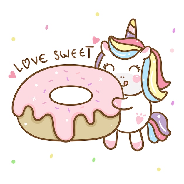 Premium Vector | Cute unicorn vector holding donut