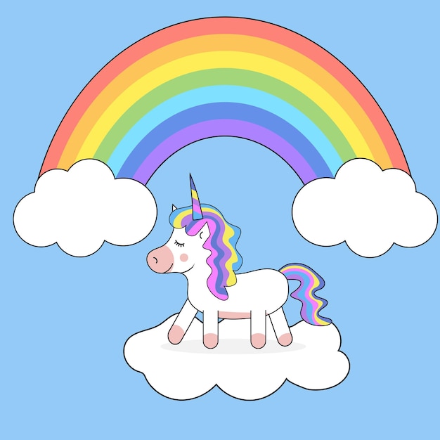 Premium Vector | Cute unicorn walking on a cloud a colored rainbow above it