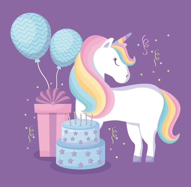 Cute unicorn with balloons helium and set icons Premium Vector