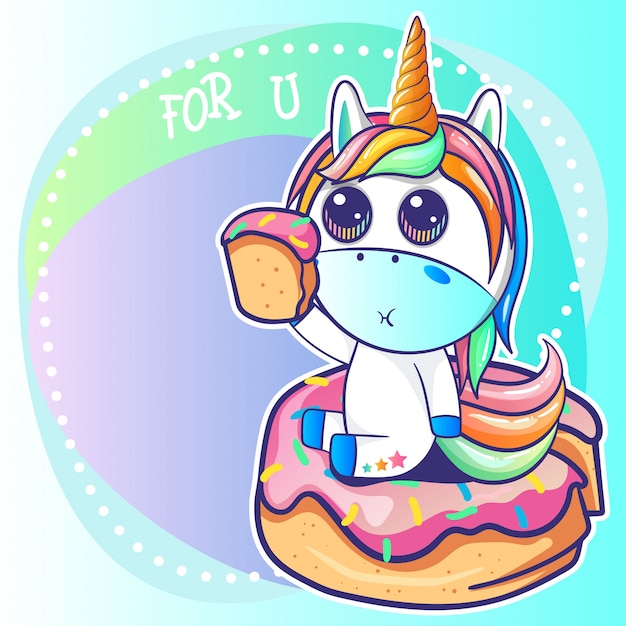 Download Cute unicorn with a donut cartoon Vector | Premium Download