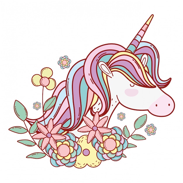  Cute  unicorn with horn and hairstyle  with flowers  