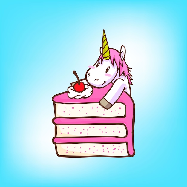 cute unicorn with piece of cake  premium vector