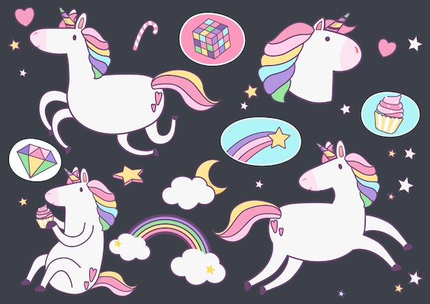 Free Vector Cute Unicorns With Magic Element Stickers Vector