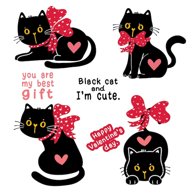 赤いリボンの弓のホリデーギフトコレクションセット 落書きイラストクリップアートとかわいいバレンタイン黒猫子猫 プレミアムベクター