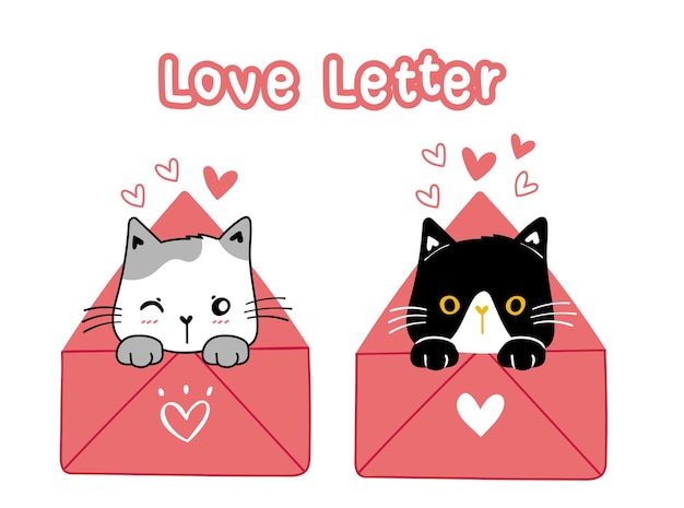 ピンクのラブレター 漫画イラスト落書き手描きベクトルで黒と白のかわいいバレンタイン猫 プレミアムベクター