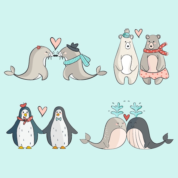 Download Cute valentine's day animal couple set Vector | Free Download