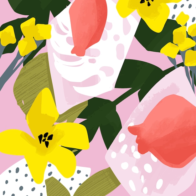 花とフルーツの抽象的なデザインのかわいいベクトルカード 花と葉 夏のイラスト プレミアムベクター