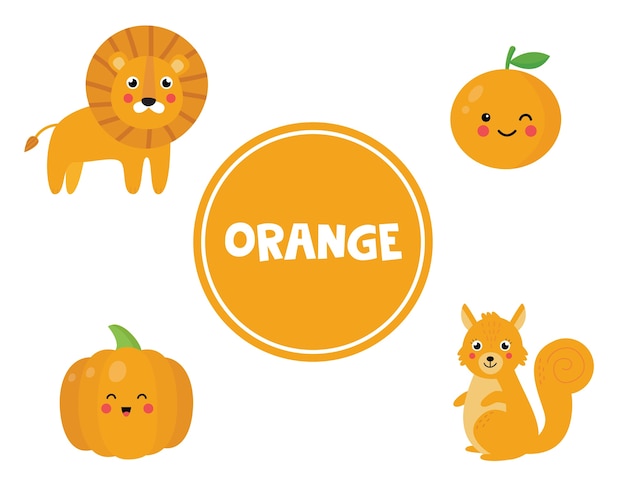 Premium Vector Cute Vector Flashcard With Set Of Orange Objects Learning Colors Page For Kids Educational Worksheet For Preschoolers