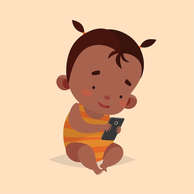 子供のためのかわいいベクトルイラスト 漫画のスタイル 孤立したキャラクター 子供のための最新技術 スマートフォンを持つ赤ちゃんの幼児の女の子 プレミアムベクター