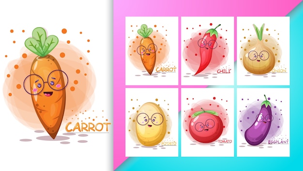 かわいい野菜のイラストセットとポスター プレミアムベクター