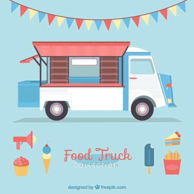 Cute vintage food truck with ice-creams and
garland