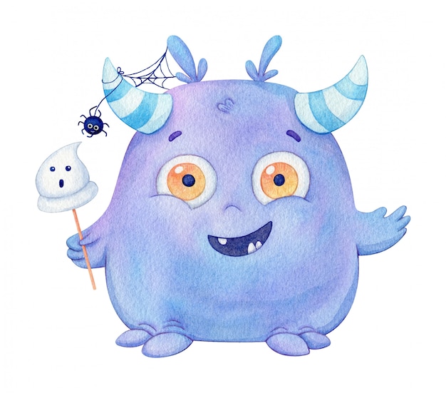 Premium Vector | Cute watercolor baby monster. little purple character with  spider and ghost lolly for kids design