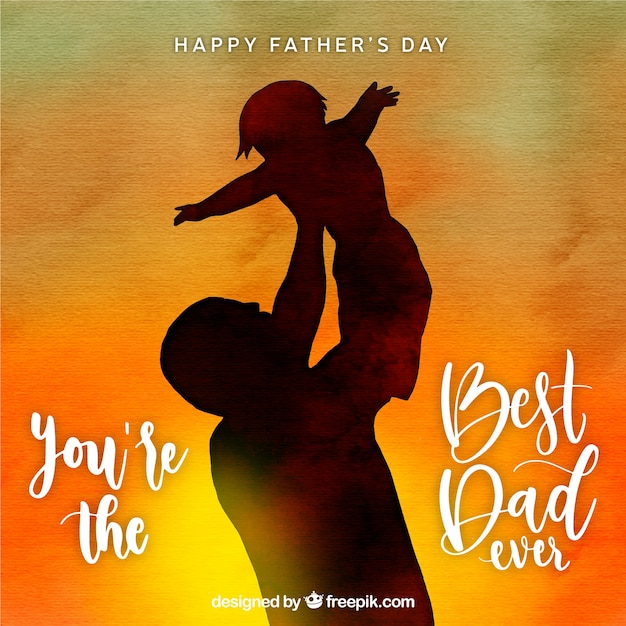 Best Dad Ever - Father Carrying Baby Sunset Watercolor Bckground Father's Day Premium Vector
