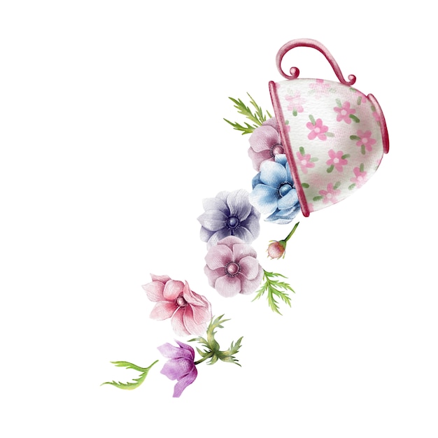 アネモネの花を持つヴィンテージカップのかわいい水彩イラスト プレミアムベクター