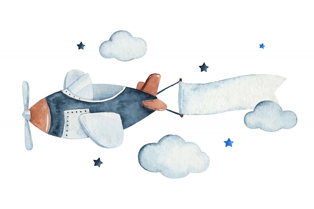 飛行機 雲 星 水彩の手描きイラストかわいい水彩空のシーン プレミアムベクター