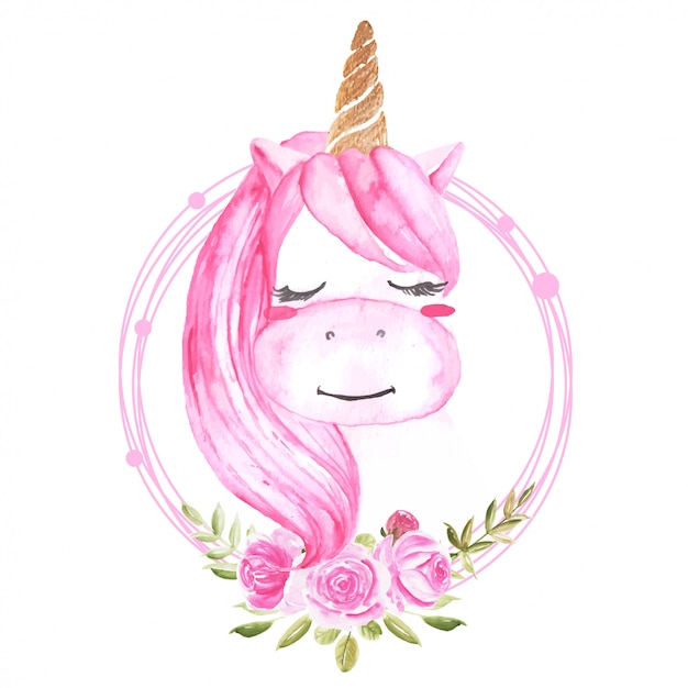 Download Cute watercolor unicorn with floral wreath pink | Premium Vector