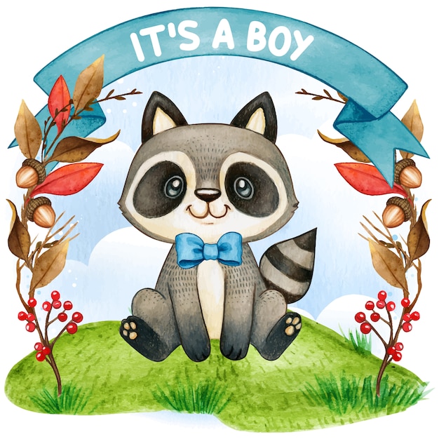 Download Premium Vector | Cute watercolorsitting raccoon. it's a boy, baby shower illustration