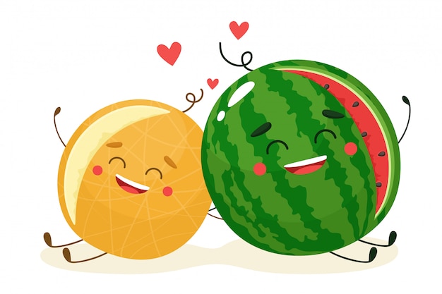 かわいいスイカとメロンを一緒に 幸せな果物 漫画フラットスタイルのイラスト プレミアムベクター