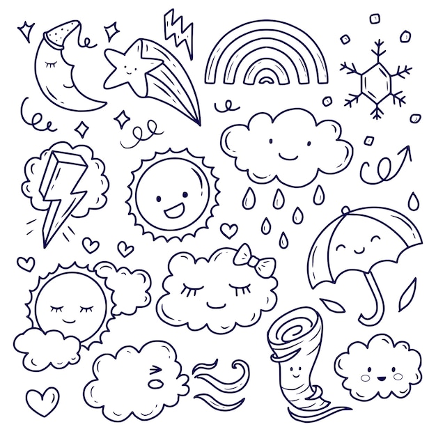 かわいい天気と雲の落書き描画線画 プレミアムベクター