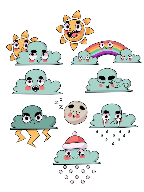 Cute weather character clouds, sun, rainbow and moon Premium Vector