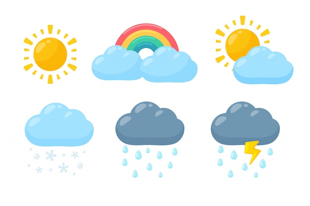 プレミアムベクター かわいい天気アイコンを設定します 白い背景で隔離の天気予報アイコン