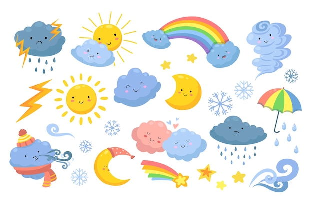 かわいい天気 孤立した虹 漫画の雨とハリケーン 面白くて怒っている雲 幸せな太陽と竜巻 感情的な自然のアイコン 気象気象アイコン 虹と雪のイラスト プレミアムベクター