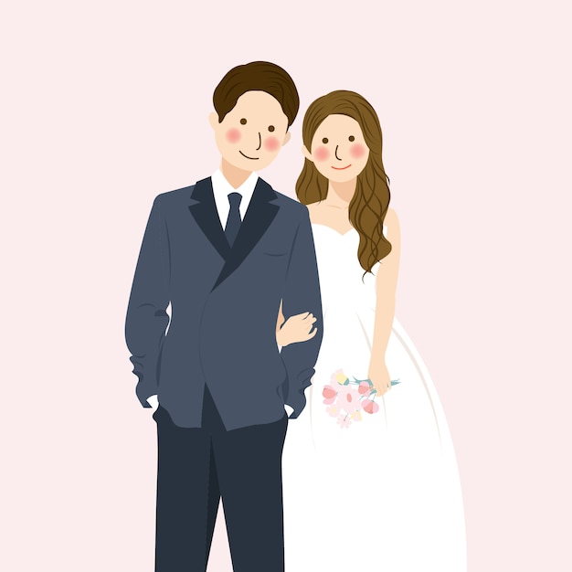 かわいい結婚式のカップルが手を握って 正式な結婚式の服装を抱きしめる フラワーブーケとロマンチックなかわいいカップルイラストキャラクター プレミアムベクター