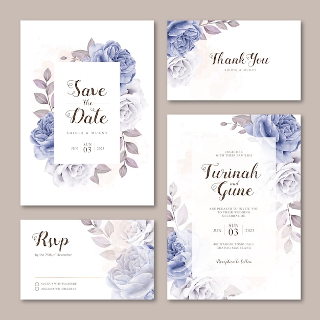 バラの水彩画でかわいい結婚式招待状カードのテンプレート プレミアムベクター