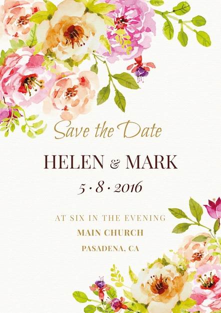 Cute Wedding Invitation With Watercolor Flowers Vector Free Download