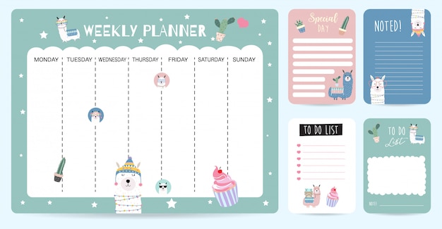 Cute weekly planner background for kid with llama Premium Vector