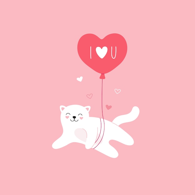 Premium Vector | Cute white cat flies on balloon.