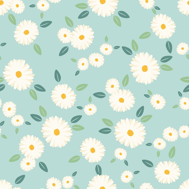 Premium Vector | Cute white daisy flower seamless pattern on blue