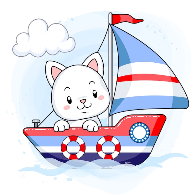 Premium Vector | Cute white kitten sailing on a cartoon boat