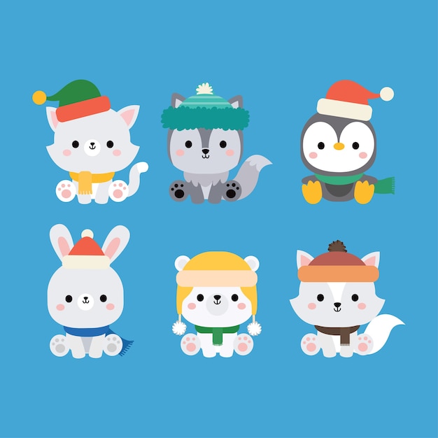 かわいい冬の動物メリークリスマス プレミアムベクター